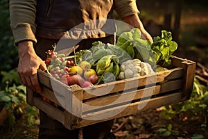 Farmer holding wooden box full of fresh raw vegetables. harvesting concept