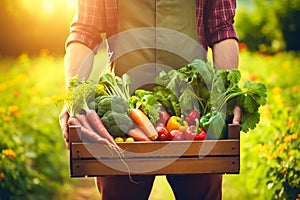 Farmer holding wooden box full of fresh raw vegetables. harvesting concept