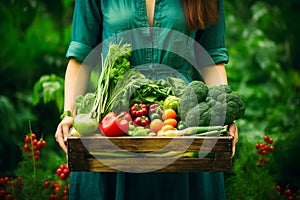 Farmer holding wooden box full of fresh raw vegetables. harvesting concept