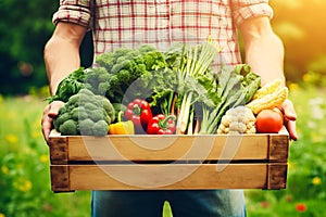 Farmer holding wooden box full of fresh raw vegetables. harvesting concept