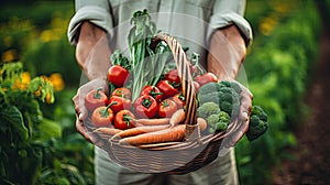 A farmer holds a basket of vegetables in his hands. Ingathering. Generative AI.