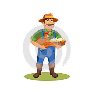 Farmer holds chicken and eggs, vector icon.