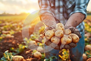 A farmer holds freshly harvested potatoes in his hands against the background of a potato field with copy space.