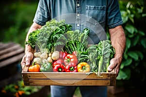 Farmer holds in his hands wooden box with many different kinds of fresh vegetables