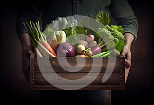 A farmer holds a wooden box with a crop of vegetables and root crops. Natural and organic food products.