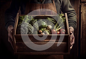 A farmer holds a wooden box with a crop of vegetables and root crops. Natural and organic food products.