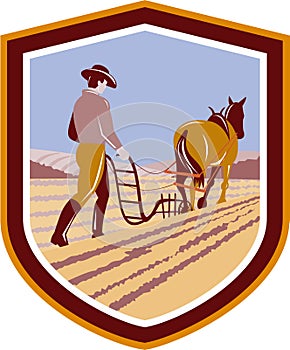 Farmer and Horse Plowing Farm Field Crest Retro