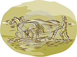 Farmer and Horses Plowing Field Oval Etching