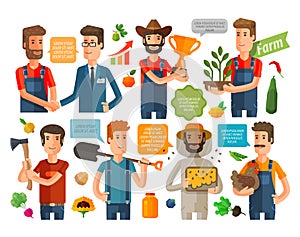 Farmer, horticulturist or farming icons set. vector illustration