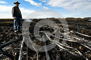farmer inspecting charred remains of field postfire