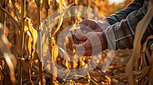 The farmer inspecting corn. AI generated
