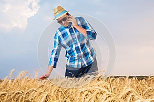 A farmer inspects a wheat field