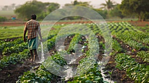 Farmer irrigating crops in vast agricultural field at sunset