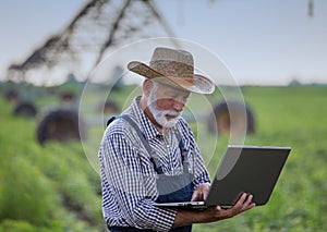Farmer with laptop in front of irrigation system in field