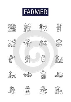 Farmer line vector icons and signs. Agriculturist, Horticulturist, Rancher, Crofter, Tiller, Grower, Agronomist,Plowman