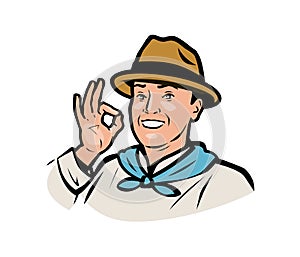 Farmer logo. Funny adult man in a hat. Vector illustration