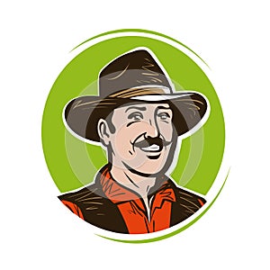 Farmer logo or label. Portrait of happy American cowboy in hat. Cartoon vector illustration