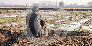 A farmer looks on in despair at his contaminated field, the extent of agricultural waste pollution affecting his