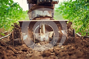 Farmer with a machine cultivator digs the soil in the vegetable garden. Tomatoes plants in a greenhouse