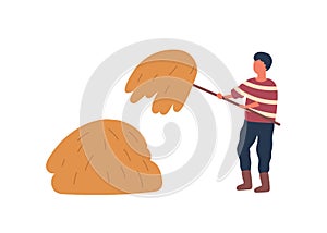 Farmer making haystack flat vector illustration. Faceless rancher, farm worker with pitchfork cartoon character. Village