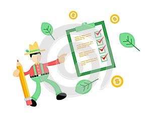 farmer man agriculture and daily task checklist form business cartoon doodle flat design vector illustration
