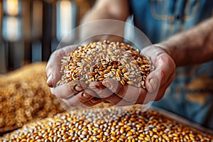 farmer man brewer holds a handful of wheat malt grain in hands at beer factory close-up