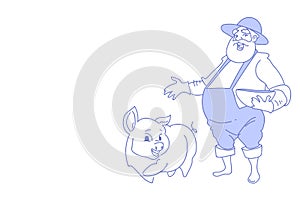 Farmer man feed pig pork butcher animal farm countryman male character sketch doodle horizontal