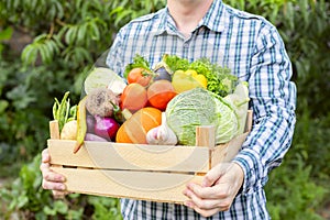 Farmer man holding wooden box full of fresh raw vegetables in his hands. Basket with vegetable in the hands