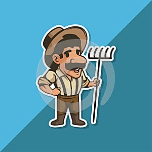 Farmer man with a mustache wearing a hat holding a rake in his hand. vector illustration