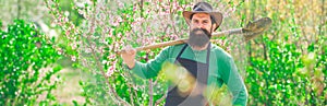 Farmer man on sprin banner. Gardener work in yard with garden tools and have good time.