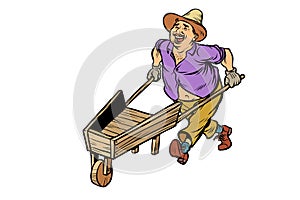 farmer, man with a wooden wheelbarrow. Isolated on white backgro