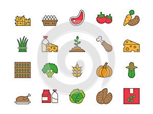 Farmer market. Agriculture farm icons. Local vegetable produce. Grocery color symbols. Food products. Bio gardening