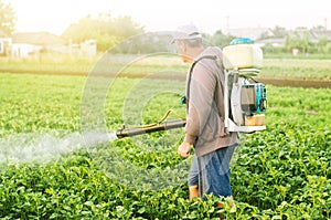 A farmer with a mist sprayer treats the potato plantation from pests and fungus infection. Use chemicals in agriculture.