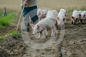 farmer moving pigs to a new area using a guiding stick