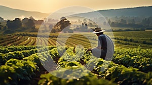 Farmer Nurtures Crops Sustainably with Eco-Friendly Techniques. Generative AI photo