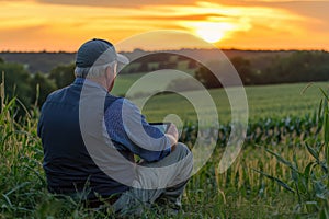 Farmer at Sunset with Tablet