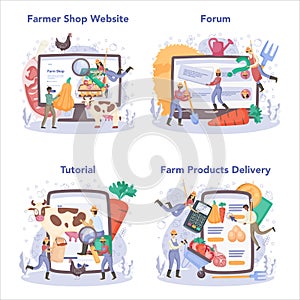 Farmer online service or platform set. Farm worker on the field,