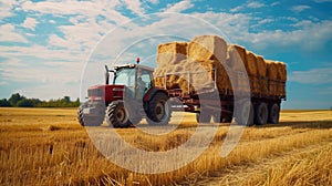 a farmer operating a tractor to load round hay bales onto a trailer, showcasing the agricultural process of harvesting