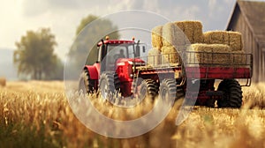 a farmer operating a tractor to load round hay bales onto a trailer, showcasing the agricultural process of harvesting