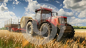a farmer operating a tractor to load round hay bales onto a trailer, showcasing the agricultural process of harvesting