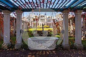 Farmer palace and private garden in Alexandria park in autumn, Saint Petersburg, Russia