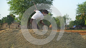 Farmer with Pitchfork While Moving Hay or Straw in Stable, Male Farmer Working with Straw on a Farm. Low Angle View