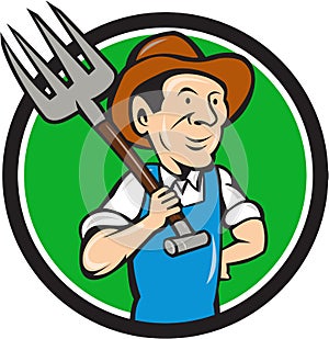Farmer Pitchfork On Shoulder Circle Cartoon
