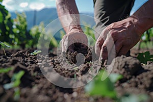 Farmer planting saplings in fertile soil under sunlight