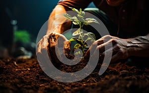 Farmer planting young plant on soil
