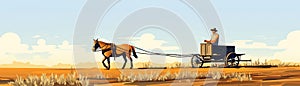Farmer Plowing Field With Horsedrawn Plow. Panoramic Banner Illustration. Generative AI