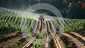 A farmer plowing his field surrounded by rows of genetically modified corn. With higher yields and droughtresistant