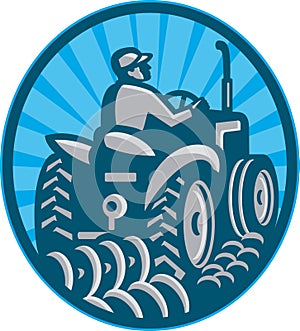 Farmer Plowing With Tractor Retro