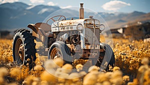 Farmer plows field with old tractor, harvesting wheat in autumn generated by AI