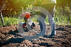Farmer plows the land with a cultivator, preparing it for planting vegetables, on a sunny day garden
